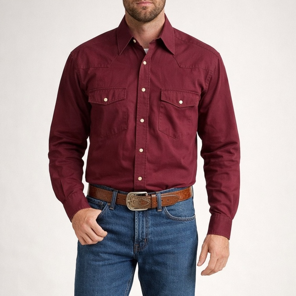 Wrangler Western Shirt Burgundy Pearl Snaps Men’s‎ M Long Sleeve Rodeo Cowboy